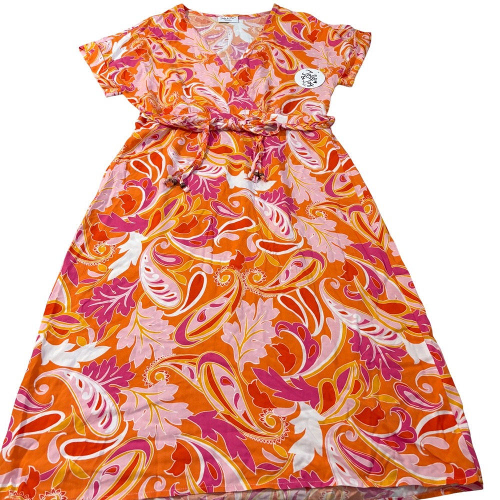 Jolie & Joy Paisley Floral Maxi Dress Orange Pink V-Neck Braided Tie Waist Large